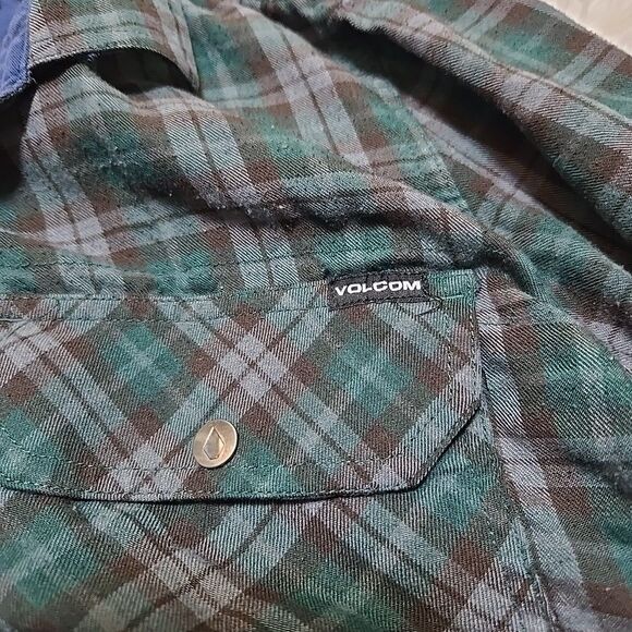 Volcom Mens Small Plaid Snap Button Up Shirt Long Sleeve Classic Fit Green Gray - Picture 7 of 10